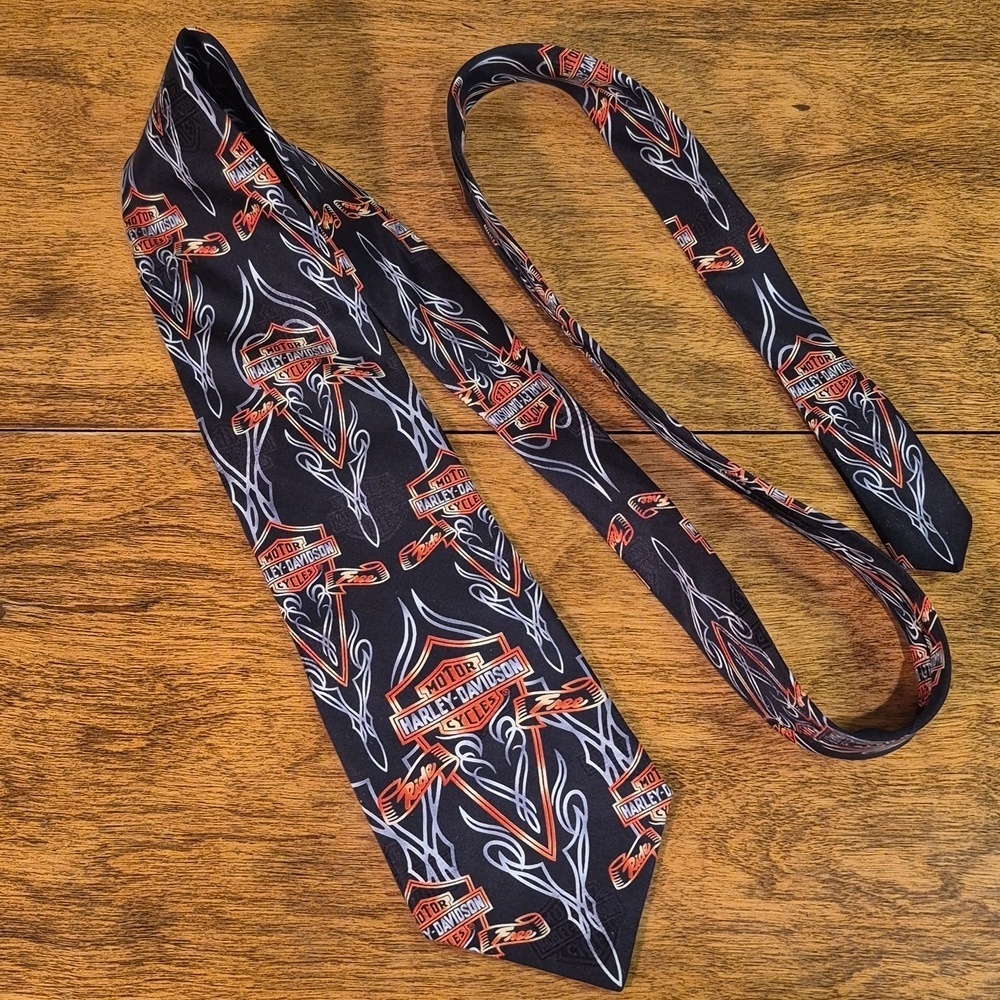 RALPH MARLIN Vintage 2000 Harley Davidson Pinstripe Tattoo Silk Tie